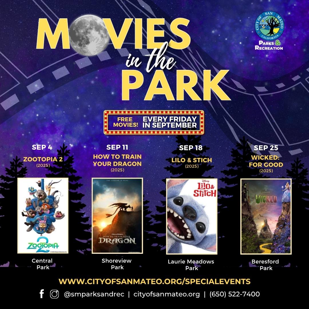 Movies in the Park September 2026 schedule flyer, City of San Mateo